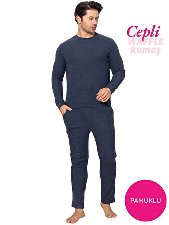 Erkek Bisiklet Yaka Düğmesiz Kışlık Waffle Pamuklu Kumaş Uzun Manşetli Kol Cepli Pijama Takımı 