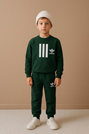 Cg Kids Zümrüt Yeşil Kız & Erkek Çocuk 2 İplik Alt Üst Sweatshirt - Eşofman Takım