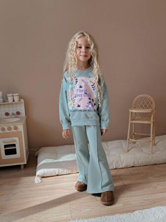 Cg Kids Floral Vibes Baskılı Su Yeşili Kız Çocuk 2 İplik Alt Üst Takım Süper Kalite Kumaş İspanyol Paça