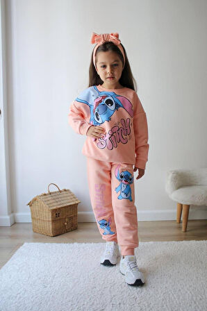 Cg Kids Stitch Temalı Simli Baskı Kız Çocuk Alt Üst Sweatshirt Eşofman Takım
