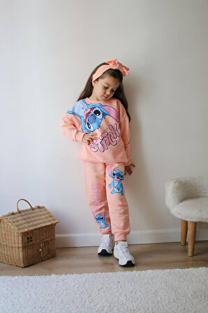Cg Kids Stitch Temalı Simli Baskı Kız Çocuk Alt Üst Sweatshirt Eşofman Takım