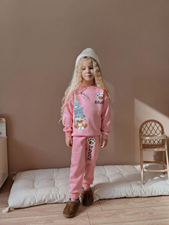 Cg Kids Kedi Temalı Kız Çocuk 3 iplik Şardonlu Alt Üst Takım Süper Kalite Kumaş