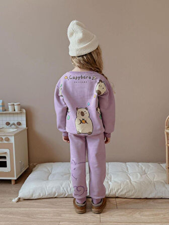 Cg Kids Capybara Kız Çocuk 3 iplik Şardon Kumaş Alt Üst Takım Süper Kalite Sırt Baskı Detaylı Mor Renk