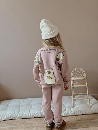 Cg Kids Capybara Kız Çocuk 3 iplik Şardon Kumaş Alt Üst Takım Süper Kalite Sırt Baskı Detaylı Soft Mürdüm