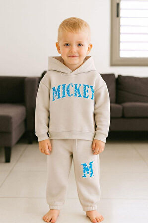 Cg Kids Mickey Süzüne Nakışlı Erkek Çocuk 3 iplik Şardonlu Alt Üst Takım Süper Kalite