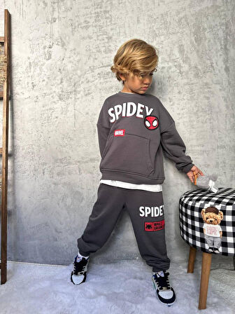 Cg Kids Örümcek Adam Spidey 3 iplik Erkek Çocuk Alt Üst Takım Süper Kalite Fırçalı Kumaş Kanguru Cep Sırt Baskı Detay