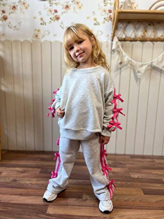 Cg Kids Gri Pembe Fiyonk Detaylı Kız Çocuk 3 iplik Alt Üst Takım Süper Kalite Kumaş (Geniş Kalıptır.)