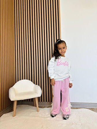 Cg Kids Barbie kabartma barbie yazı 3 iplik kumaş kız çocuk alt üst takım süper kalite sırt baskı ve eşofman detay