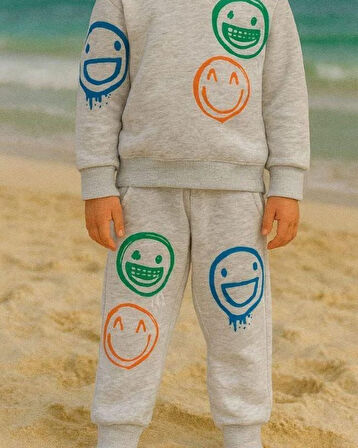 Cg Kids Smiley Renkli Gülenyüz Erkek Çocuk 3 İplik Şardonlu, Kapşonlu Alt Üst Takım Süper Kalite Kumaş
