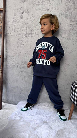 Cg Kids Tokyo baskılı lacviert 3 iplik Erkek çocuk Alt Üst Takım Süper Kalite Kumaş  