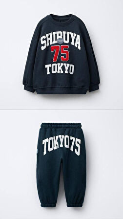 Cg Kids Tokyo baskılı lacviert 3 iplik Erkek çocuk Alt Üst Takım Süper Kalite Kumaş  