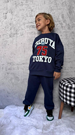 Cg Kids Tokyo baskılı lacviert 3 iplik Erkek çocuk Alt Üst Takım Süper Kalite Kumaş  