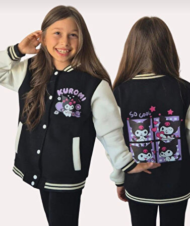 Cg Kids Kuromi içi Şardonlu Sırt Baskı Detaylı Kolej Ceket Pembe Renk Süper Kalite Kumaş Baskı