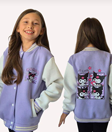 Cg Kids Kuromi içi Şardonlu Sırt Baskı Detaylı Kolej Ceket Mor Renk Süper Kalite Kumaş Baskı