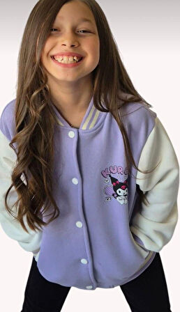 Cg Kids Kuromi içi Şardonlu Sırt Baskı Detaylı Kolej Ceket Mor Renk Süper Kalite Kumaş Baskı