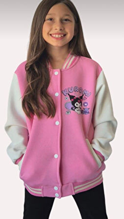 Cg Kids Kuromi içi Şardonlu Sırt Baskı Detaylı Kolej Ceket Pembee Renk Süper Kalite Kumaş Baskı