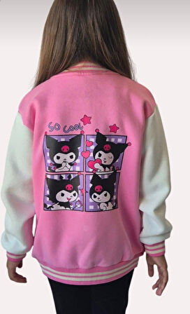 Cg Kids Kuromi içi Şardonlu Sırt Baskı Detaylı Kolej Ceket Pembee Renk Süper Kalite Kumaş Baskı