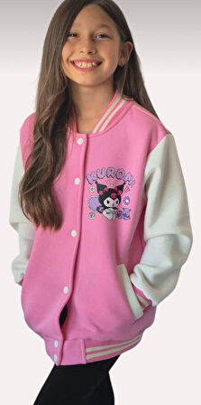 Cg Kids Kuromi içi Şardonlu Sırt Baskı Detaylı Kolej Ceket Pembee Renk Süper Kalite Kumaş Baskı