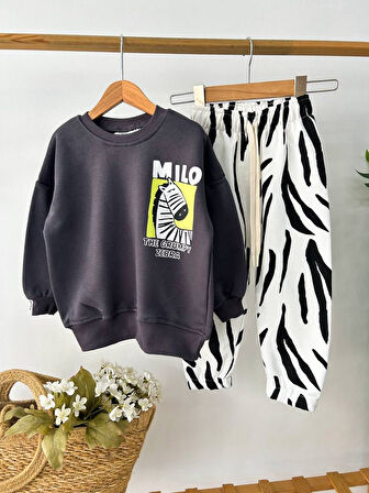 Cg Kids Milo Zebra Desenli Erkek Çocuk 3 iplik Alt Üst Takım Süper Kalite Kumaş