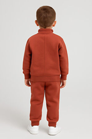Cg Kids Tatlı kiremit rengi içi pamuklu 3 ip şardonlu dik yaka yarım fermuar ön kanguru dikişli cep erkek çocuk alt üst takım