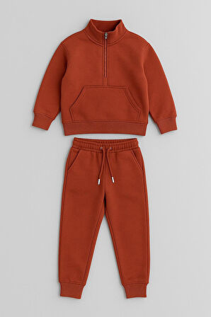 Cg Kids Tatlı kiremit rengi içi pamuklu 3 ip şardonlu dik yaka yarım fermuar ön kanguru dikişli cep erkek çocuk alt üst takım