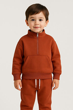 Cg Kids Tatlı kiremit rengi içi pamuklu 3 ip şardonlu dik yaka yarım fermuar ön kanguru dikişli cep erkek çocuk alt üst takım