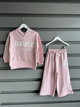 Cg Kids Dance kabartma baskılı kapşonlu 3 iplik kız çocuk alt üst takım süper kalite kumaş
