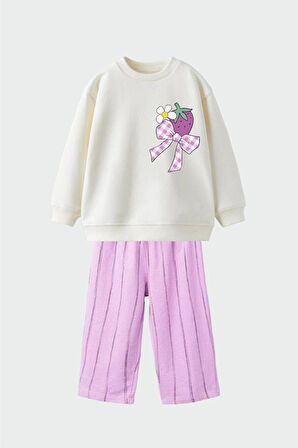 Cg Kids Mor Eşofman Detaylı Çilek baskı temalı Kız Çocuk 3 iplik Alt Üst Takım Süper Kalite Kumaş