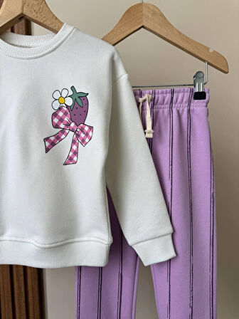 Cg Kids Mor Eşofman Detaylı Çilek baskı temalı Kız Çocuk 3 iplik Alt Üst Takım Süper Kalite Kumaş