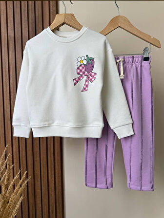 Cg Kids Mor Eşofman Detaylı Çilek baskı temalı Kız Çocuk 3 iplik Alt Üst Takım Süper Kalite Kumaş