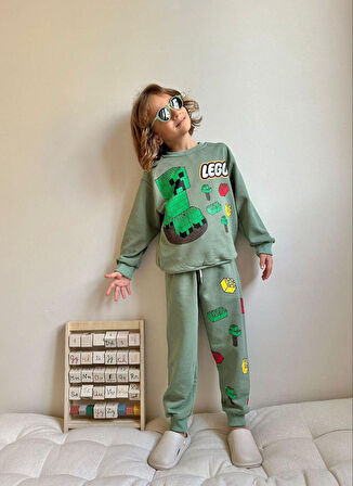 Cg Kids Minecraft Lego baskılı 3 iplik erkek çocuk Alt Üst Takım Süper Kalite Kumaş sırt ve paça baskı detaylı