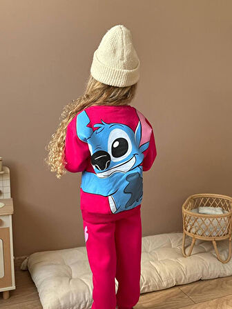 Cg Kids Stitch Temalı Sırt Baskı Detay Kız Çocuk 3 İplik Şardonlu Alt Üst Sweatshirt Eşofman Takım