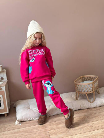 Cg Kids Stitch Temalı Sırt Baskı Detay Kız Çocuk 3 İplik Şardonlu Alt Üst Sweatshirt Eşofman Takım