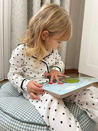 Cg Kids siyah Kalp desenli fitilli yumuşak kumaş düğmeli beli lastikli kız çocuk pijama alt üst takım