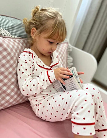 Cg Kids kırmızı Kalp desenli fitilli yumuşak kumaş düğmeli beli lastikli kız çocuk pijama alt üst takım