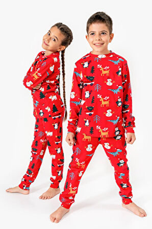 Cg Kids  Noel Yılbaşı Temalı %100 Pamuk Unisex Çocuk Pijama Takımı Kırmızı