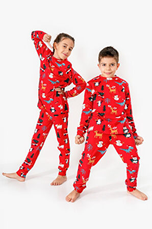 Cg Kids  Noel Yılbaşı Temalı %100 Pamuk Unisex Çocuk Pijama Takımı Kırmızı