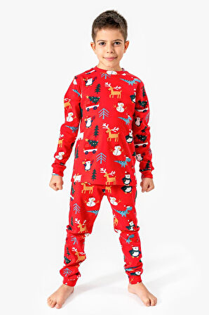 Cg Kids  Noel Yılbaşı Temalı %100 Pamuk Unisex Çocuk Pijama Takımı Kırmızı