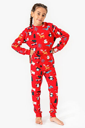 Cg Kids  Noel Yılbaşı Temalı %100 Pamuk Unisex Çocuk Pijama Takımı Kırmızı