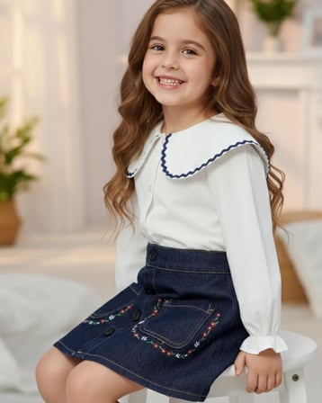 Cg Kids Kot Etekli Çiçek Nakışlı Gömlek Kız Çocuk Alt Üst Takım Süper Kalite