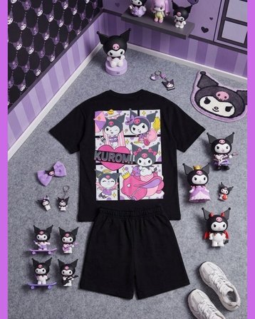 Cg Kids Kuromi Kız Çocuk Tshirt ve şort Alt Üst Takım Süper Kalite Sırt Baskı Detaylı
