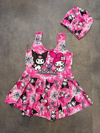 Cg Kids Kuromi Kız Çocuk UV Korumalı Volanlı Mayo ve Bone Havuz Deniz Takımı