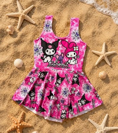Cg Kids Kuromi Kız Çocuk UV Korumalı Volanlı Mayo ve Bone Havuz Deniz Takımı