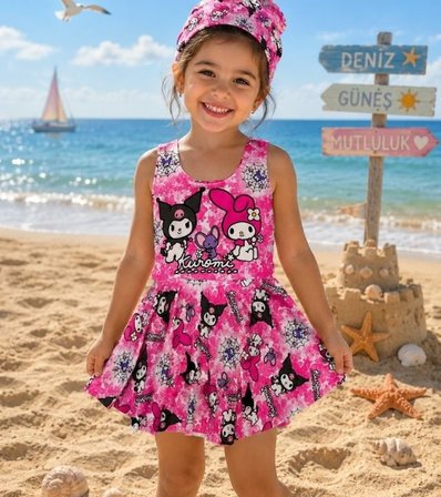 Cg Kids Kuromi Kız Çocuk UV Korumalı Volanlı Mayo ve Bone Havuz Deniz Takımı