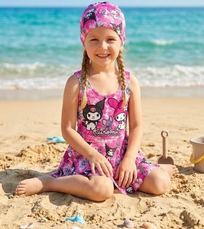 Cg Kids Kuromi Kız Çocuk UV Korumalı Volanlı Mayo ve Bone Havuz Deniz Takımı