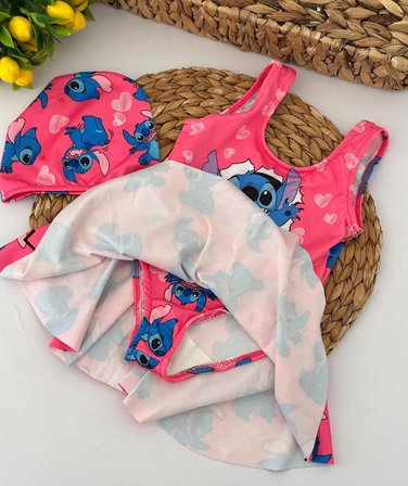 Cg Kids Stitch Baskılı  Kız Çocuk Etekli Mayo ve Bone Seti - Pembe