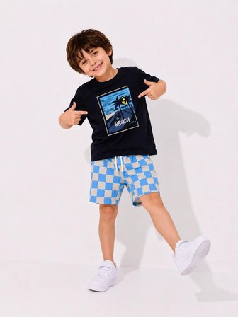 Cg Kids Palmiye Baskılı Siyah T-Shirt ve Damalı Şortlu Erkek Çocuk Alt Üst Takım - Pamuklu Yazlık Çocuk Kombini