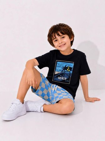 Cg Kids Palmiye Baskılı Siyah T-Shirt ve Damalı Şortlu Erkek Çocuk Alt Üst Takım - Pamuklu Yazlık Çocuk Kombini
