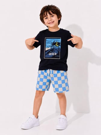 Cg Kids Palmiye Baskılı Siyah T-Shirt ve Damalı Şortlu Erkek Çocuk Alt Üst Takım - Pamuklu Yazlık Çocuk Kombini
