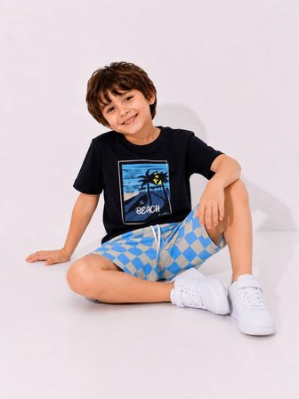 Cg Kids Palmiye Baskılı Siyah T-Shirt ve Damalı Şortlu Erkek Çocuk Alt Üst Takım - Pamuklu Yazlık Çocuk Kombini
